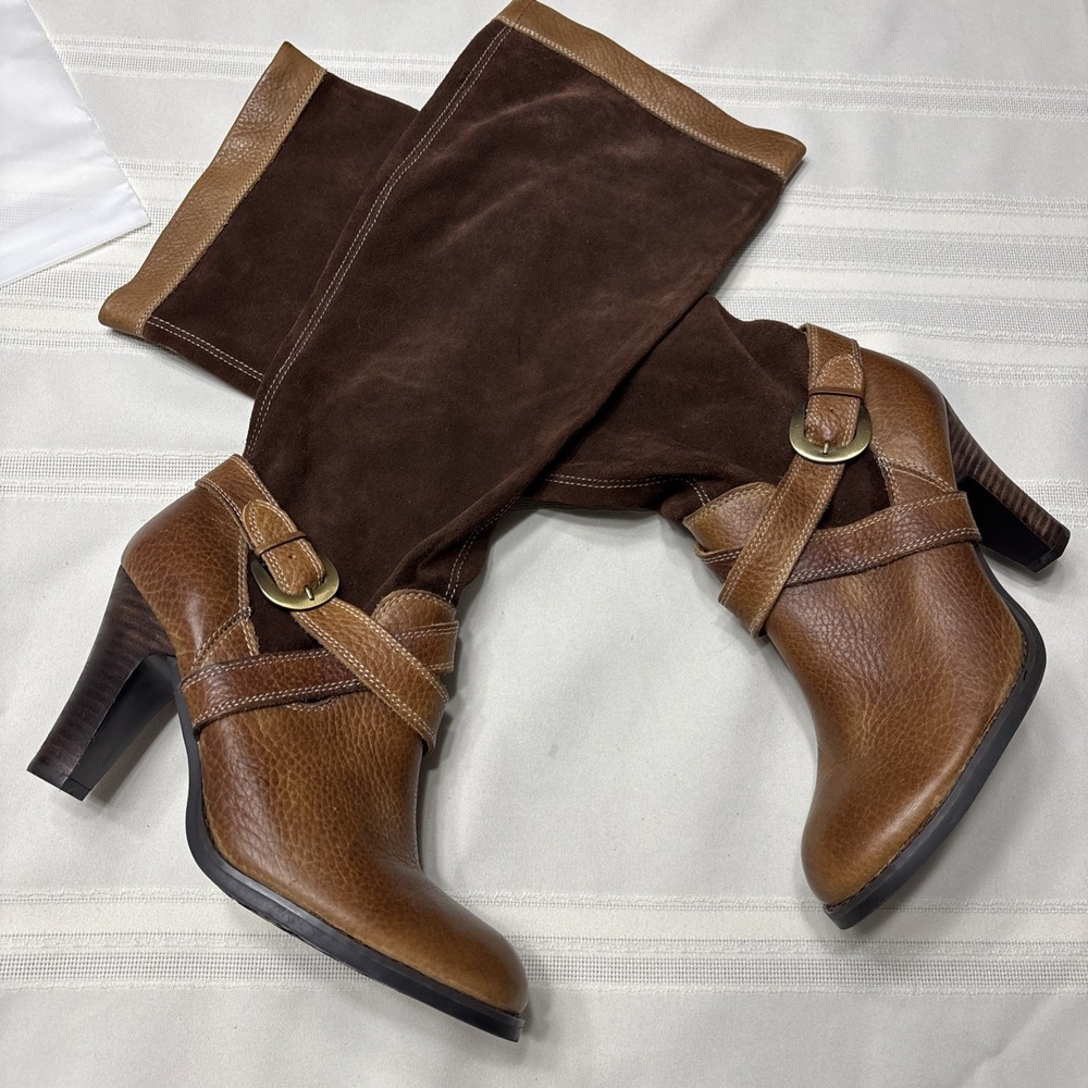Relativity Eve Tall Brown Leather Partial Zip Heel Boots Women Sz 8